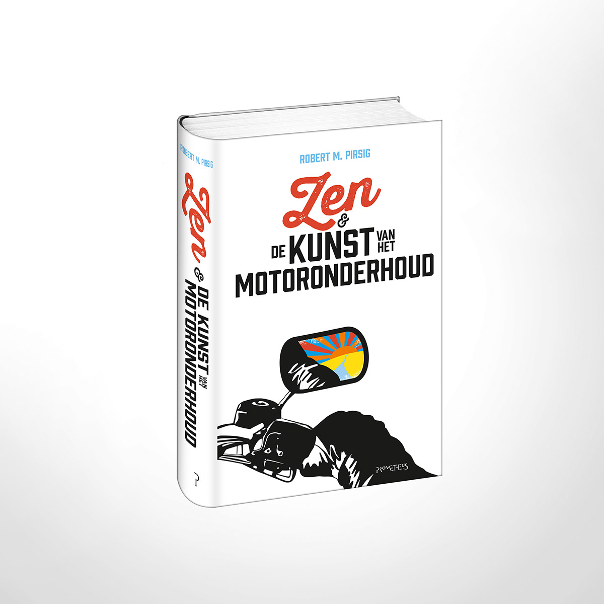Boekomslag van 'Zen en de kunst van het motoronderhoud' van Robert M. Pirsig, met een silhouet van een motorrijder en een spiegel waarin een zonsopgang wordt weerspiegeld.