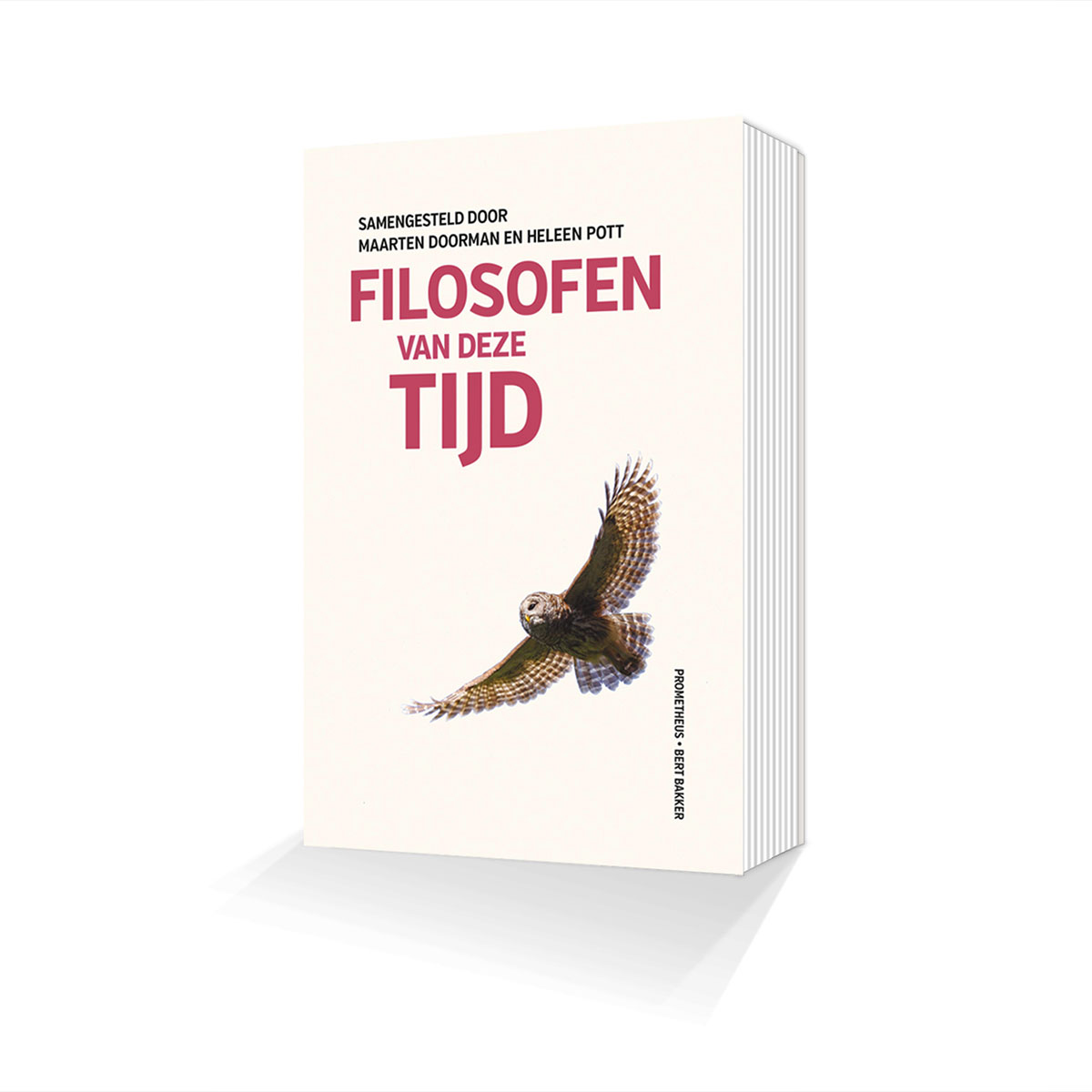 Boekomslag van 'Filosofen van deze tijd', samengesteld door Maarten Doorman en Heleen Pott, met een foto van een vliegende uil op crèmekleurige achtergrond.