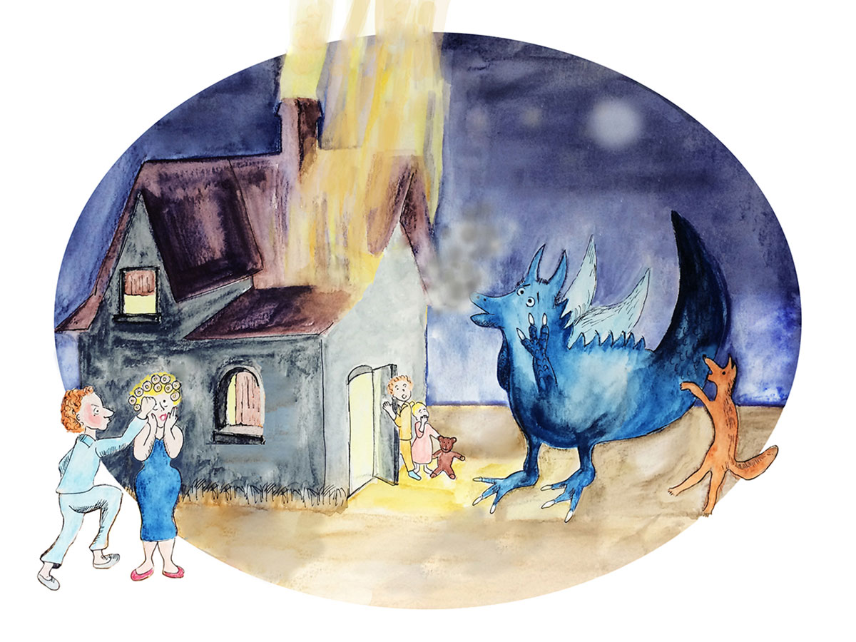 Kinderboekillustratie van Fiery Fred: een blauwe draak steekt per ongeluk een huis in brand, terwijl ouders geschrokken toekijken en kinderen met een teddybeer naar buiten rennen.