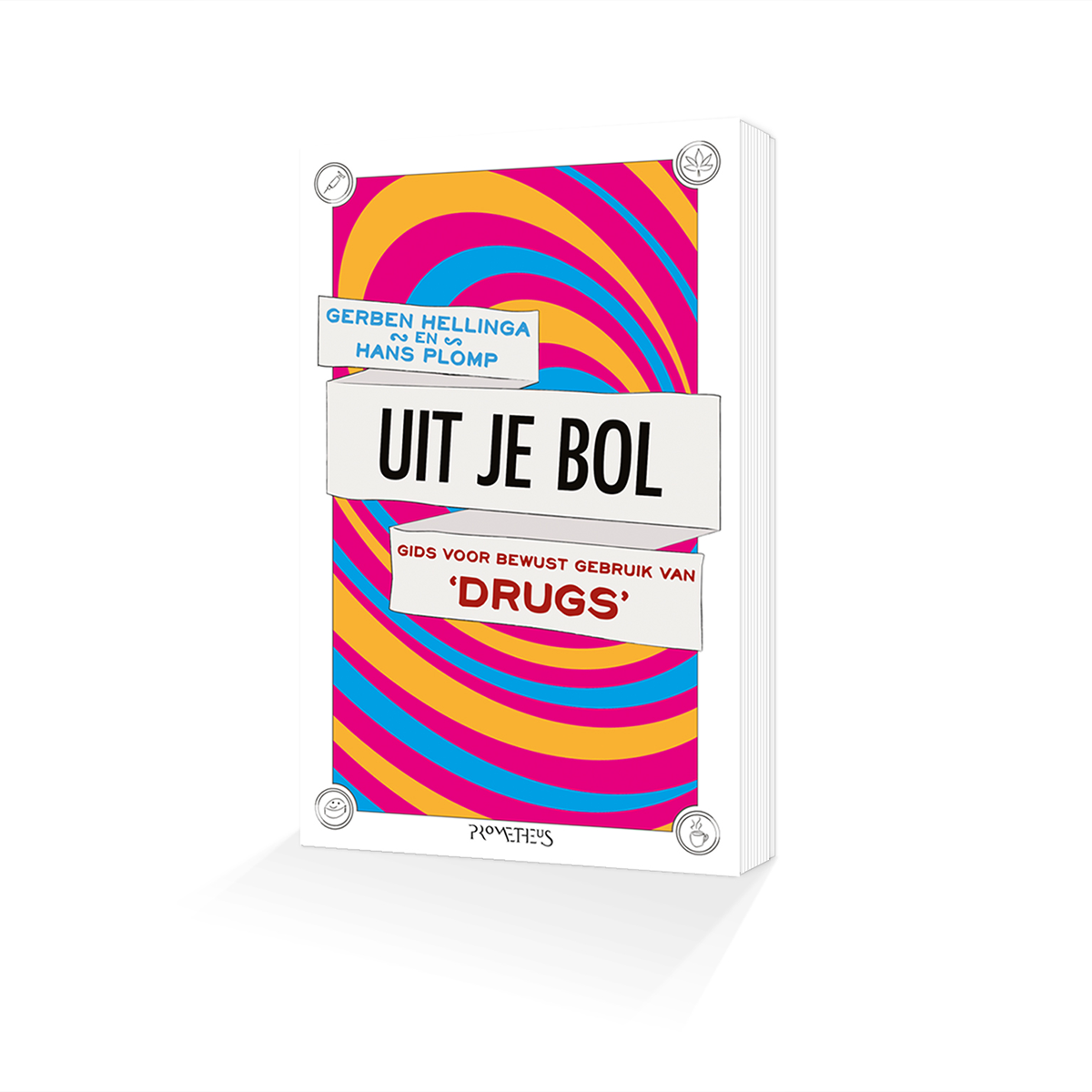 Boekomslag van 'Uit je bol', gids voor bewust gebruik van drugs door Gerben Hellinga en Hans Plomp, met een felle roze, oranje en blauwe swirl als achtergrond.