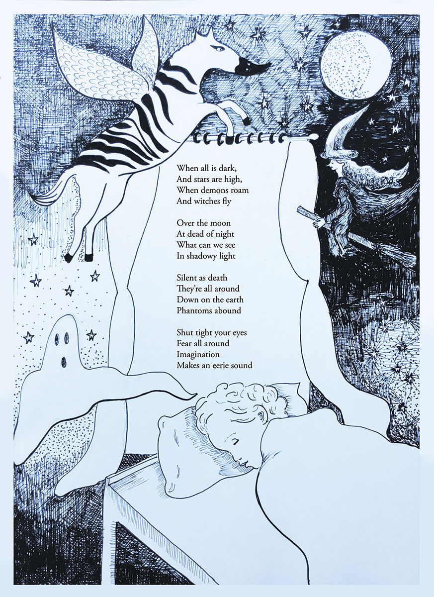 Illustratie bij een kindergedicht. Inkttekening van een slapend kind, met een gevleugelde gestreepte figuur, een spook en een heks op een bezem.