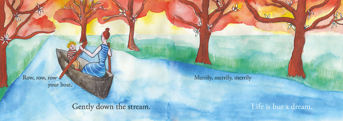 Kinderboekillustratie bij het lied 'Row, row, row your boat': een moeder en kind roeien over een rivier tussen bomen met roodgekleurd herfstblad.
