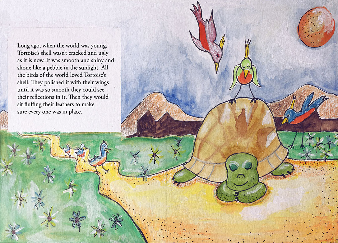 Kinderboekillustratie van een schildpad met een glimmend schild, omringd door vogels die het schild polijsten, in een landschap met bergen en bloemen.