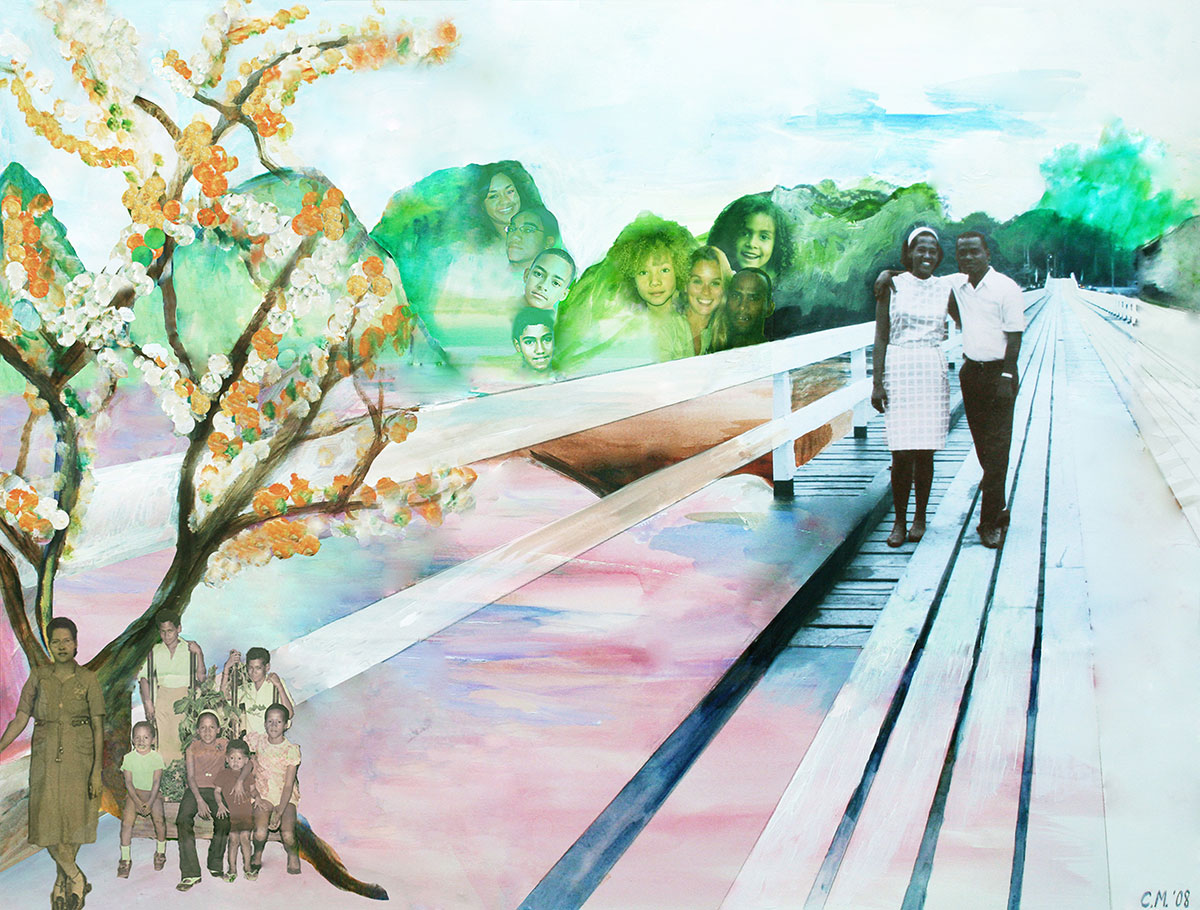 Levenslandschap 3: een geschilderd landschap met een pad over een brug, met een bloesemboom, gezichten van kinderen tussen de bomen, familiefoto's onderaan, en een stel op de brug.