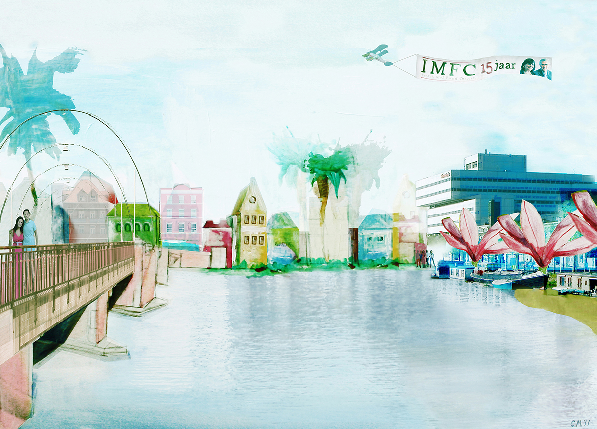 Levenslandschap 9: Willemstad, Curaçao, met kleurrijke gevels aan het water, een brug met een koppel erop, palmbomen, grote roze bloemen en een vliegtuig met een jubileumspandoek in de lucht.